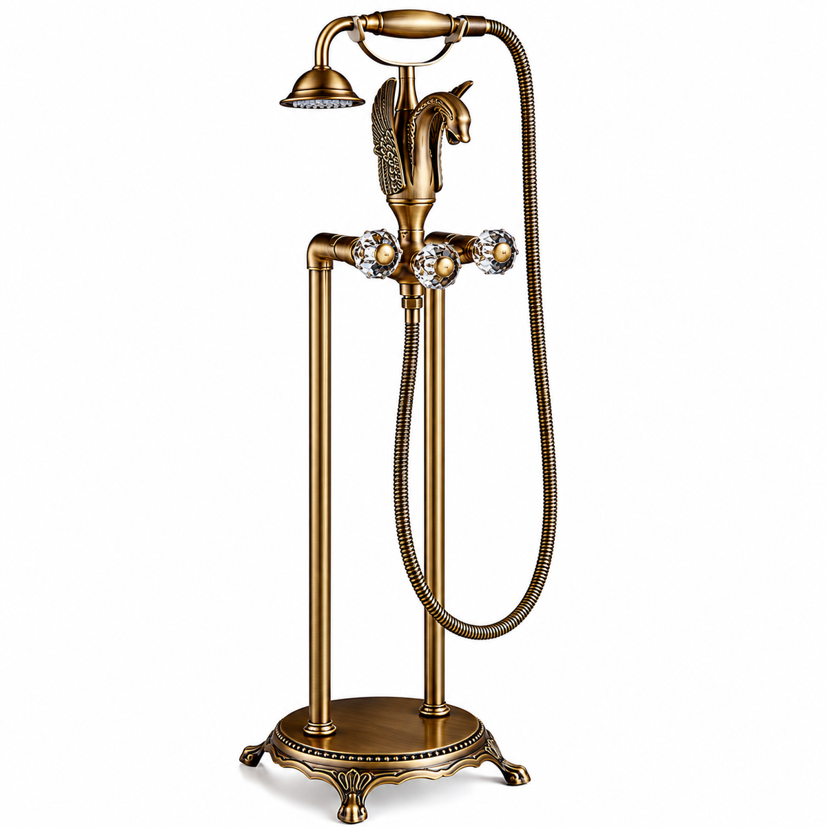 Luxury Swan Freestanding Bathtub Faucet with Handheld Shower Polished Gold Finish