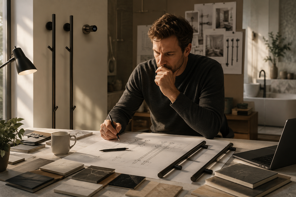 Craftsperson working on a bathroom fixture in a workshop