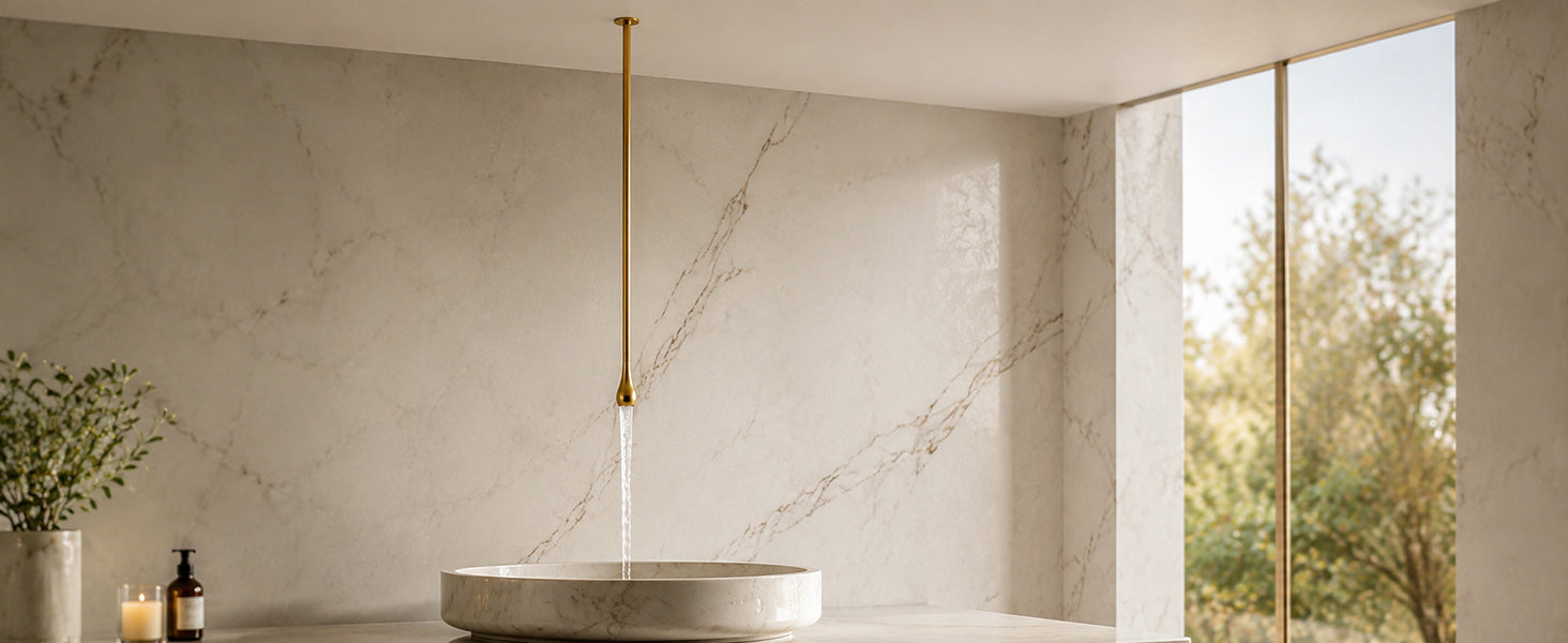 Brushed gold basin faucet in a contemporary bathroom