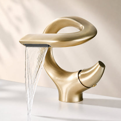 Brass Waterfall Bathroom Sink Faucet with Sculptural Design