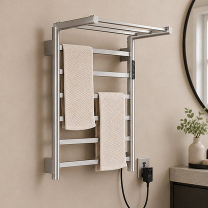 Stainless Steel Foldable Heated Towel Rack with Top Shelf, Timer & Temperature Control