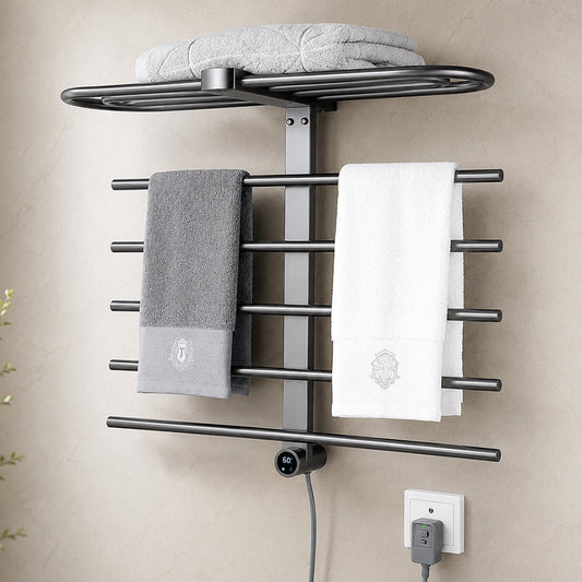 Wall-Mounted Heated Towel Rack with Storage Shelf & Digital Control