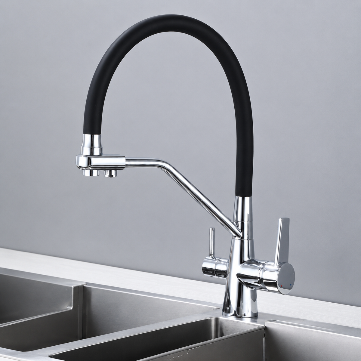 Brass High-Arc 3-Way Kitchen Faucet with Separate Purified Water Outlet