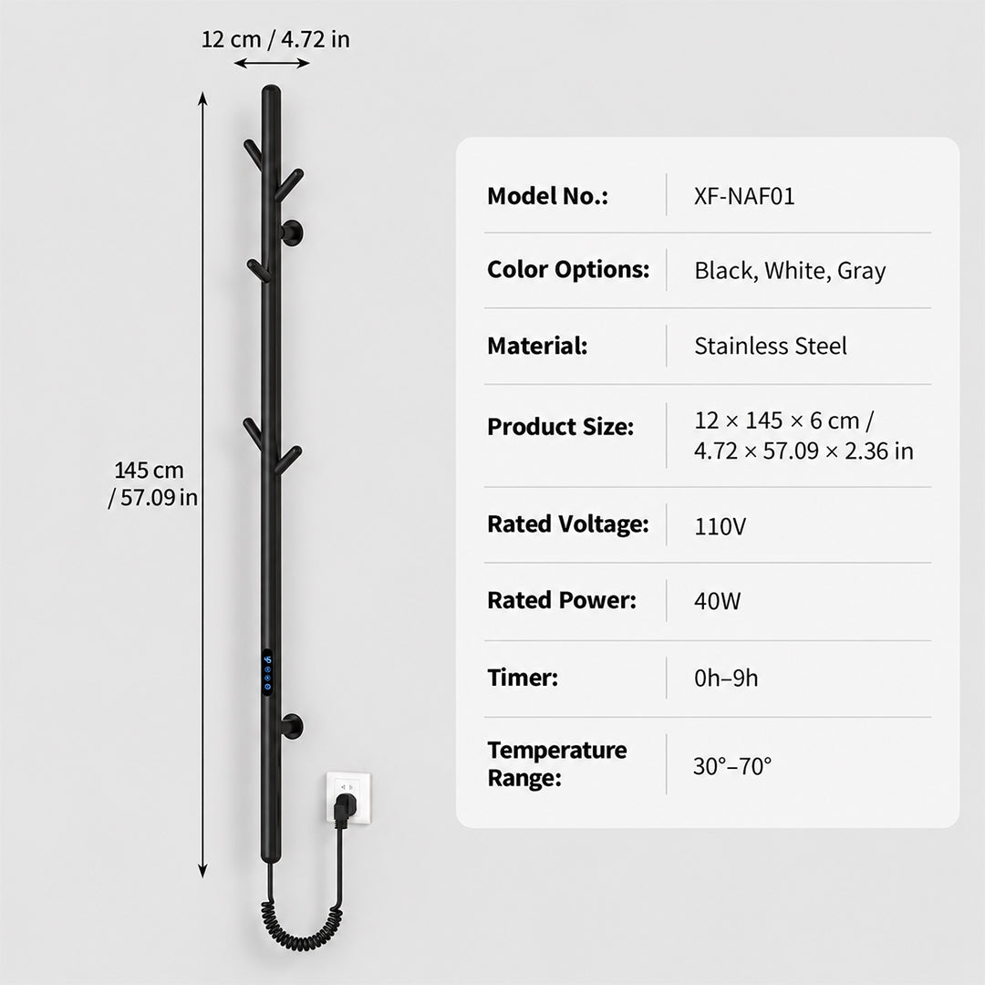 Electric Heated Towel Rack with Hooks, Wall-Mounted Towel Warmer with Touch Control