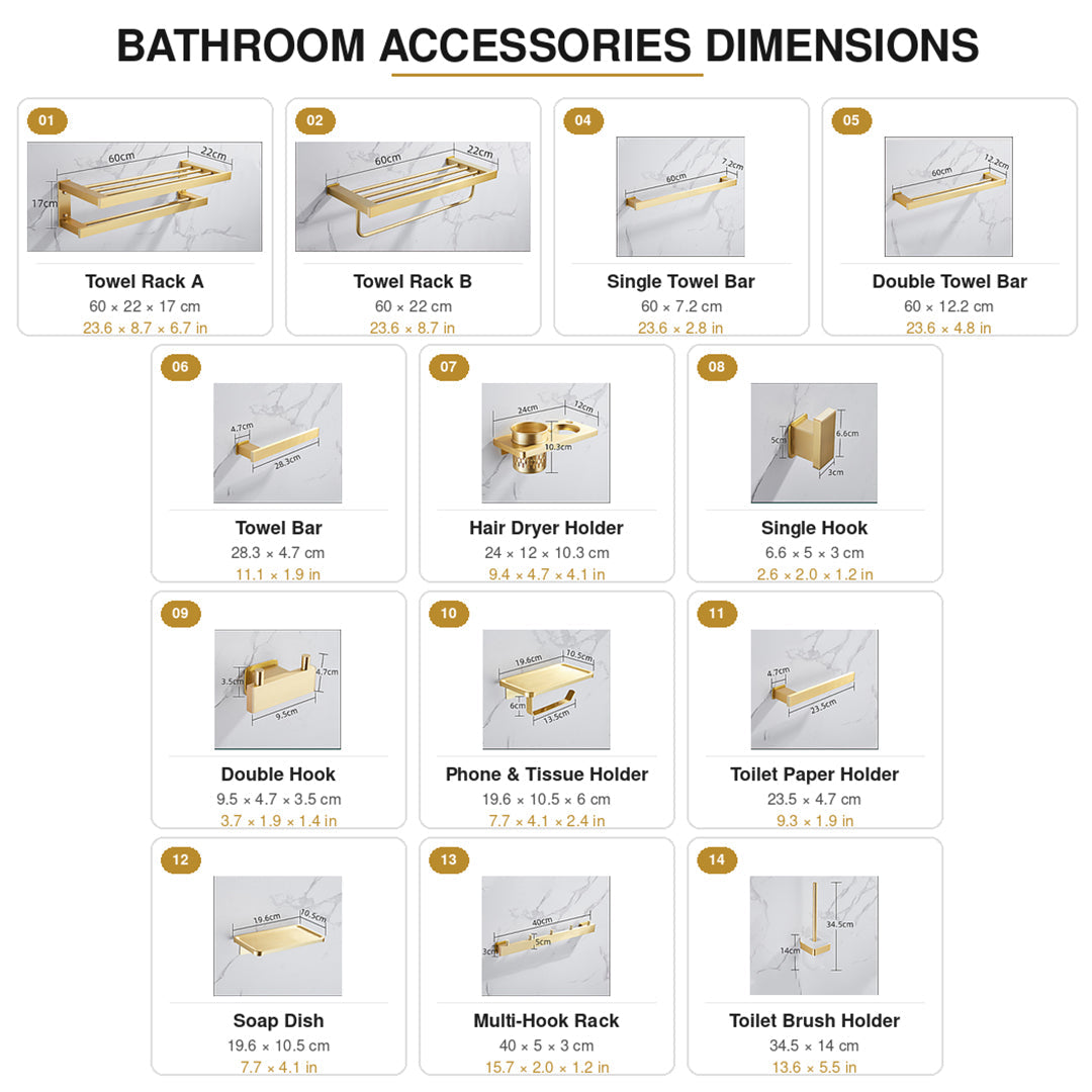 Wall Mounted Bruhsed Gold Bathroom Hardware Set with Towel Rack, Hooks & Toilet Paper Holder