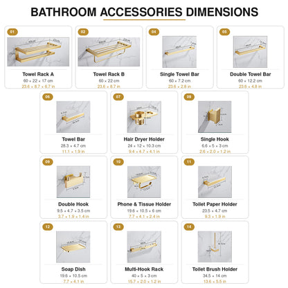 Wall Mounted Bruhsed Gold Bathroom Hardware Set with Towel Rack, Hooks & Toilet Paper Holder
