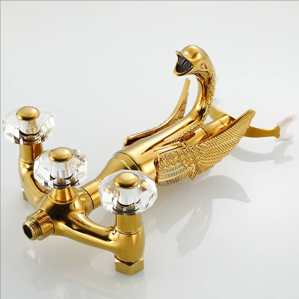 Gold Wall Mount Bathtub Faucet with Handheld Shower, Vintage Brass Tub Filler Mixer with Crystal Knobs