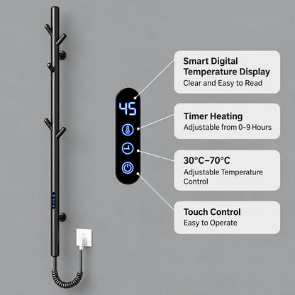 Electric Heated Towel Rack with Hooks, Wall-Mounted Towel Warmer with Touch Control