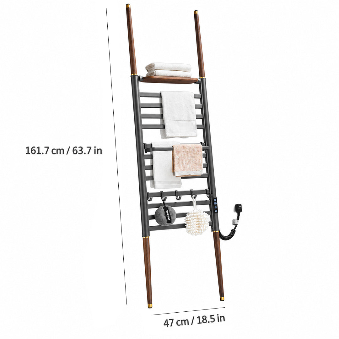 Walnut Wood Ladder Heated Towel Rack with Shelf & Hooks