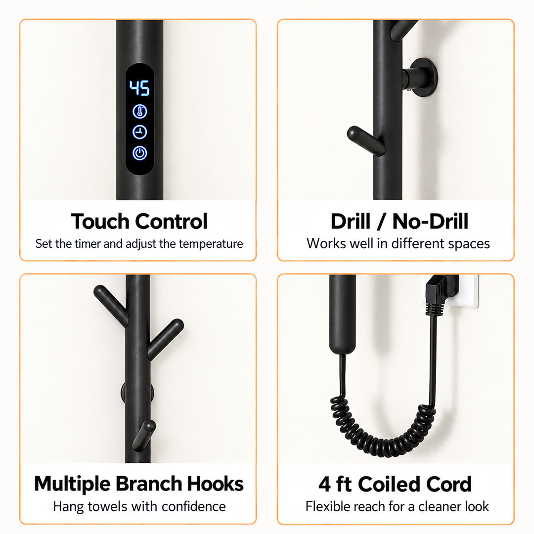 Electric Heated Towel Rack with Hooks, Wall-Mounted Towel Warmer with Touch Control