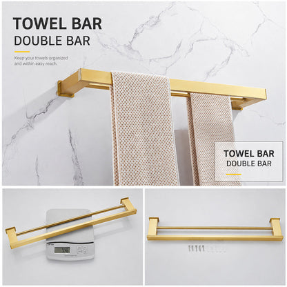 Wall Mounted Bruhsed Gold Bathroom Hardware Set with Towel Rack, Hooks & Toilet Paper Holder