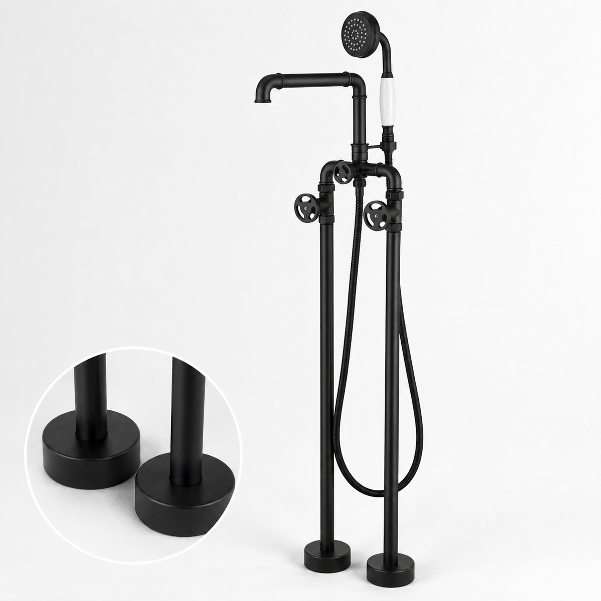 Double Handle Matte Black Freestanding Bathtub Faucet with Hand Shower